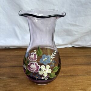 Teleflora Fenton Amethyst Purple Hand Painted Glass Vase Floral Ruffled Rim